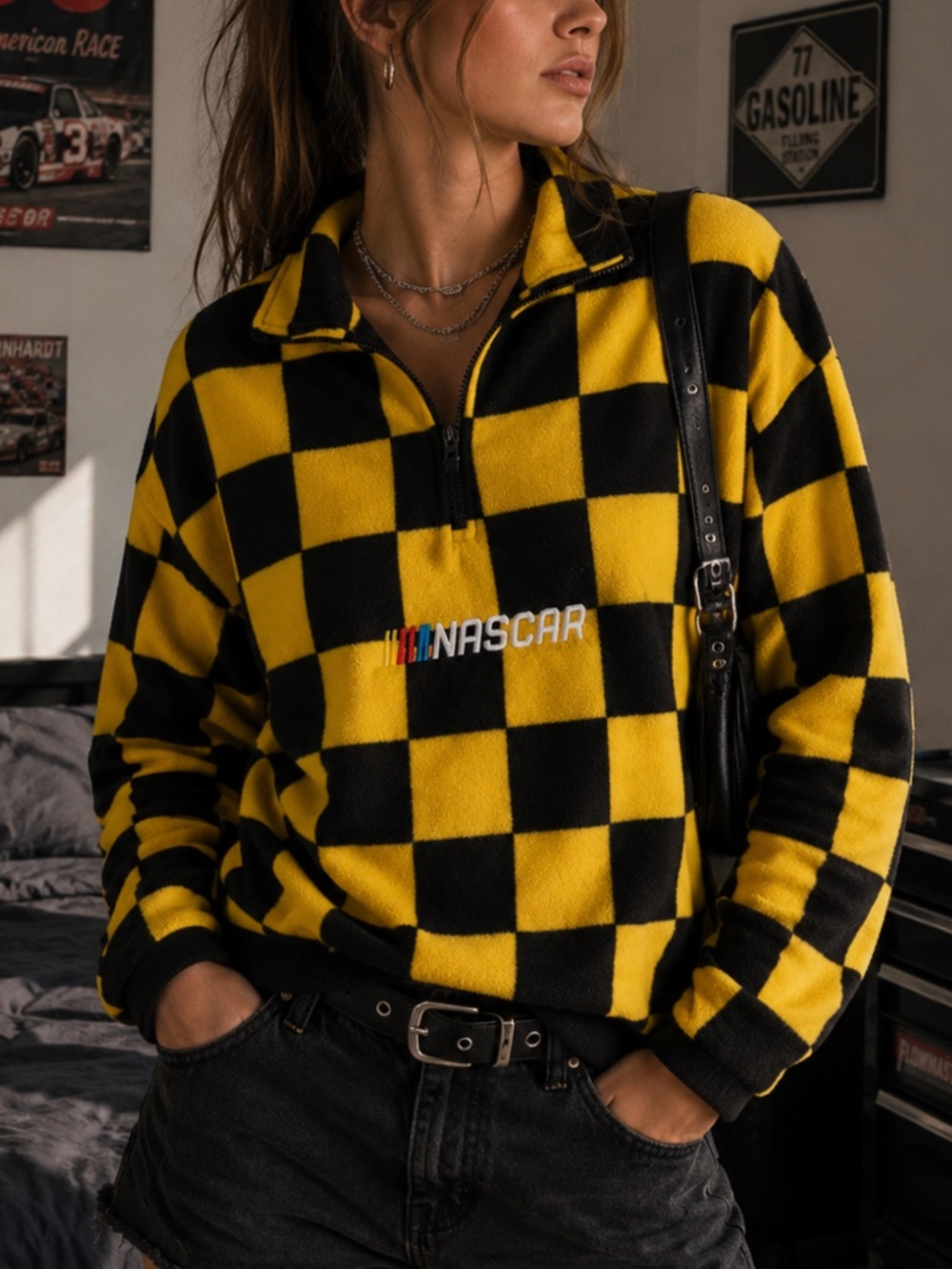 NASCAR Checkered Quarter Zip Fleece Sweatshirt Cropped Y2K Streetwear